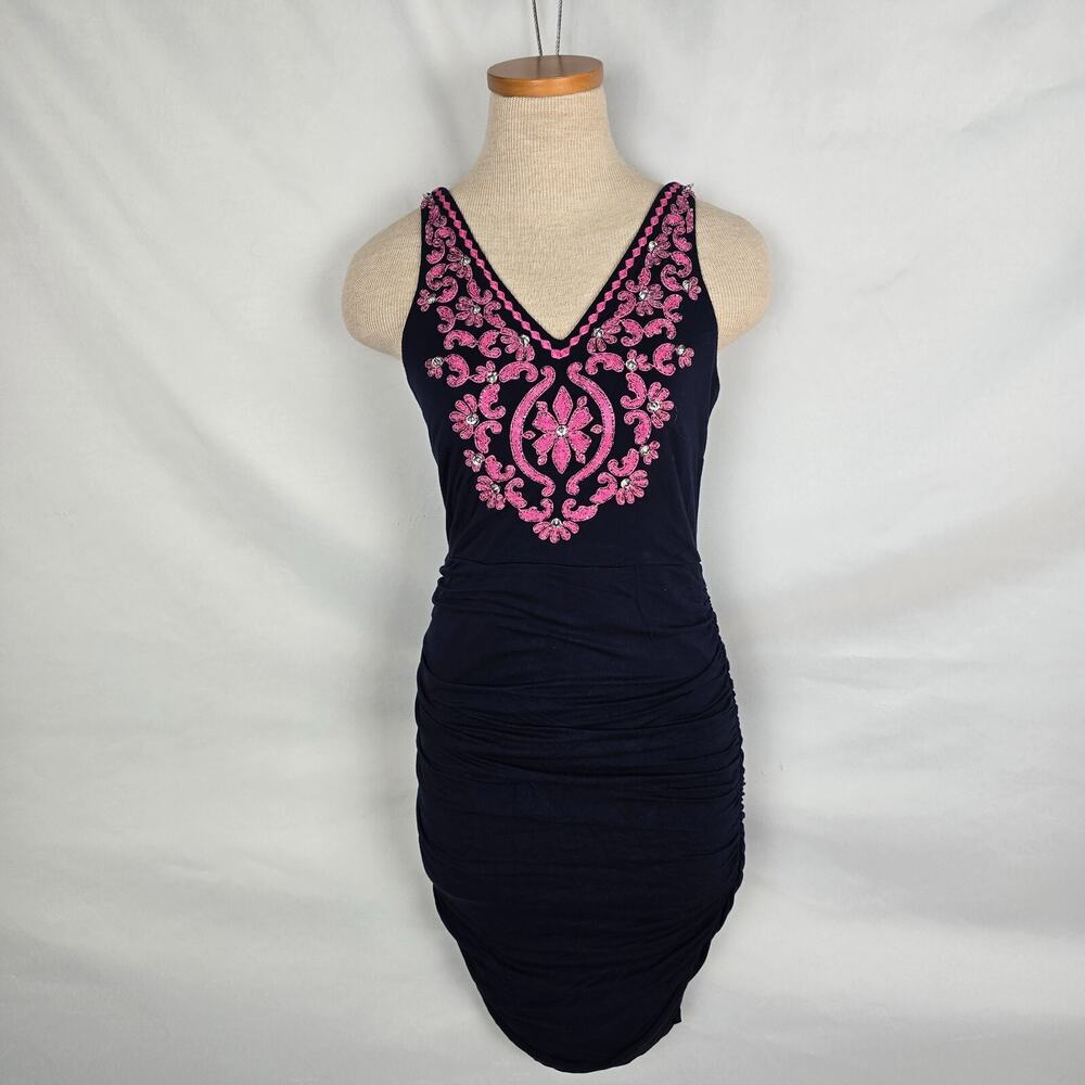 INC Dress Women's S P Navy & Pink Sleeveless Bodycon Stretch Gathered V-Neck